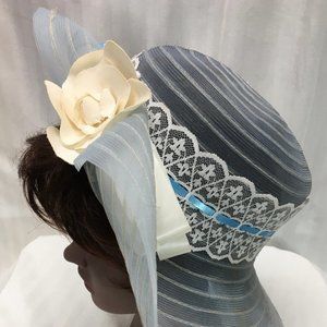 Blue Tulle Sun Hat with Ivory Flower & Lace
